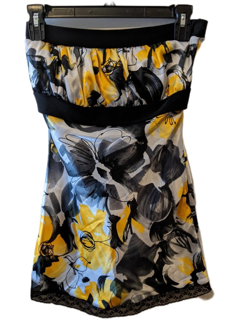 Vintage Y2K Satin Floral Strapless Top Lace Hem Babydoll Black Yellow Party S
